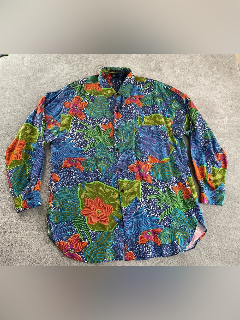 Vintage Silk Club Shirt Mens L Button 90s Abstract Floral Blue Aloha Hawaiian